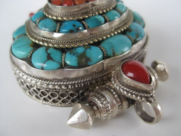 Fabulous Turquoise and Coral Sterling Silver Gau Locket