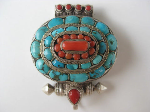 Fabulous Turquoise and Coral Sterling Silver Gau Locket