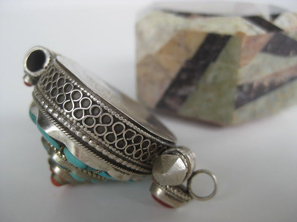 Fabulous Turquoise and Coral Sterling Silver Gau Locket