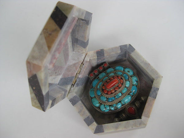 Fabulous Turquoise and Coral Sterling Silver Gau Locket