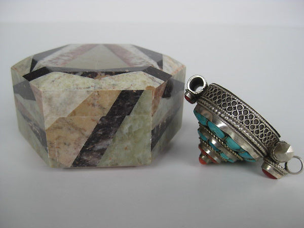 Fabulous Turquoise and Coral Sterling Silver Gau Locket