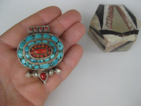 Fabulous Turquoise and Coral Sterling Silver Gau Locket