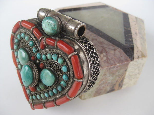 Incredible Heart Turquoise and Coral Silver Gau Locket