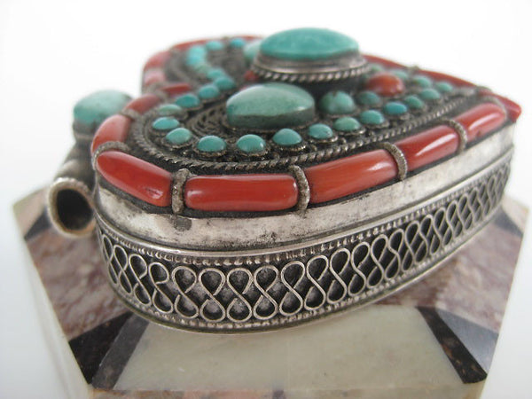 Incredible Heart Turquoise and Coral Silver Gau Locket