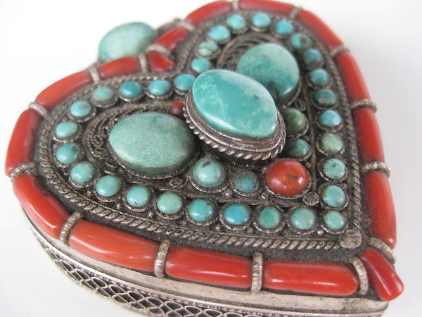 Incredible Heart Turquoise and Coral Silver Gau Locket