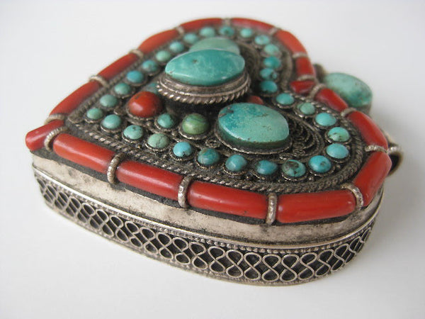 Incredible Heart Turquoise and Coral Silver Gau Locket