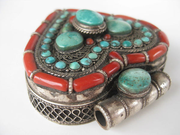 Incredible Heart Turquoise and Coral Silver Gau Locket
