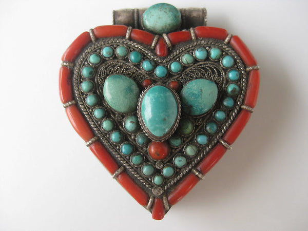Incredible Heart Turquoise and Coral Silver Gau Locket
