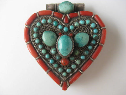 Incredible Heart Turquoise and Coral Silver Gau Locket
