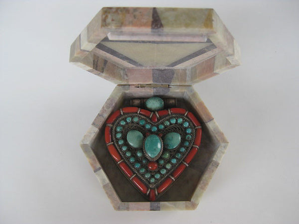 Incredible Heart Turquoise and Coral Silver Gau Locket
