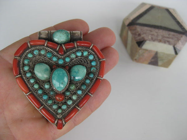 Incredible Heart Turquoise and Coral Silver Gau Locket