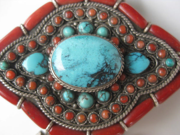 Stunning Extra Large Ghau Box, Turquoise and Coral set in Sterling Silver