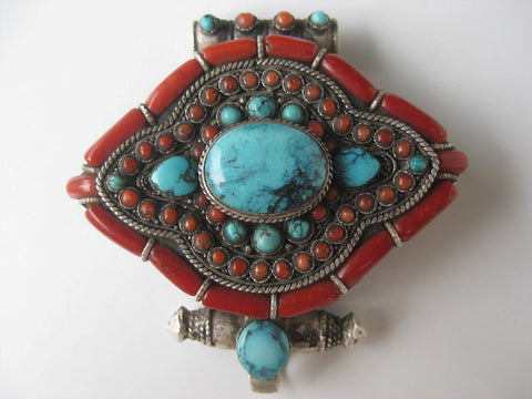 Stunning Extra Large Ghau Box, Turquoise and Coral set in Sterling Silver