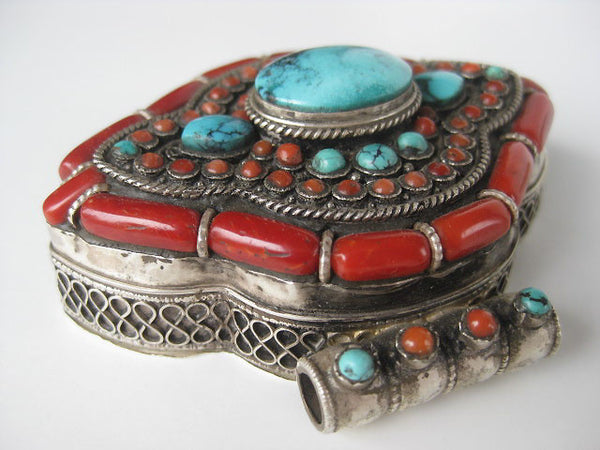 Stunning Extra Large Ghau Box, Turquoise and Coral set in Sterling Silver