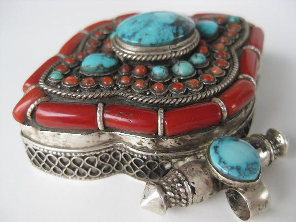 Stunning Extra Large Ghau Box, Turquoise and Coral set in Sterling Silver