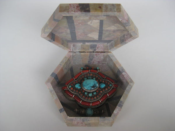 Stunning Extra Large Ghau Box, Turquoise and Coral set in Sterling Silver