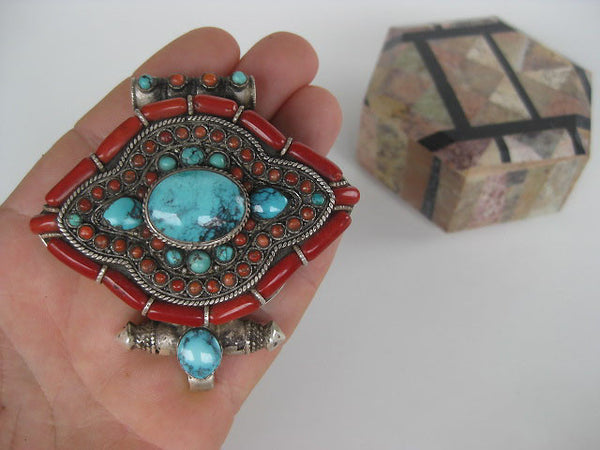 Stunning Extra Large Ghau Box, Turquoise and Coral set in Sterling Silver